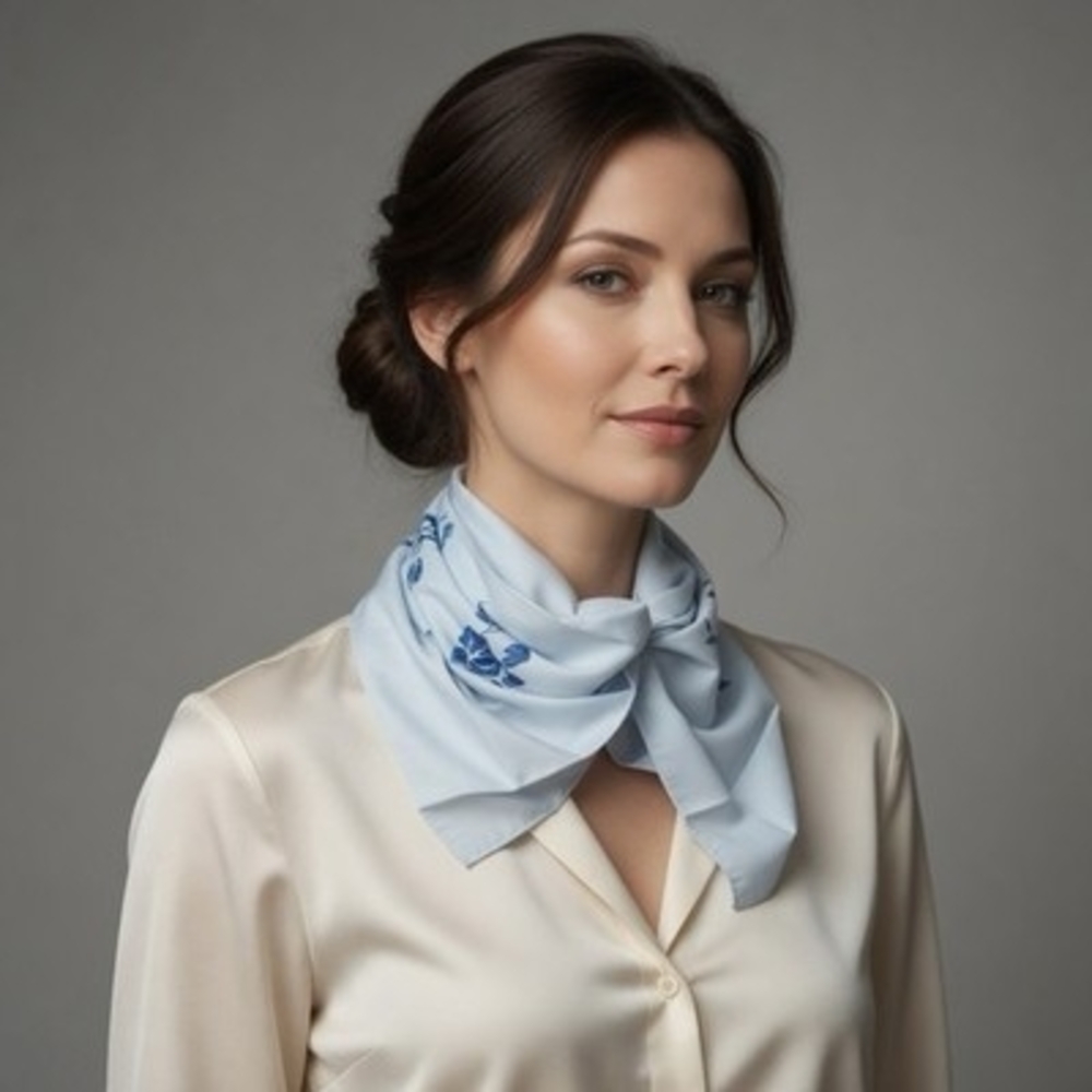 Light Blue Pure Silk Scarf Hand Embroidered Floral Motif Rectangle Neckerchief